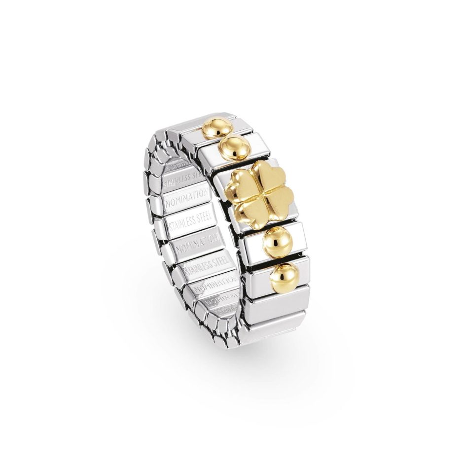 Anel Nomination XTE Extension Trevo 040001/004 em Prateado e com os símbolos em relevo e Dourado